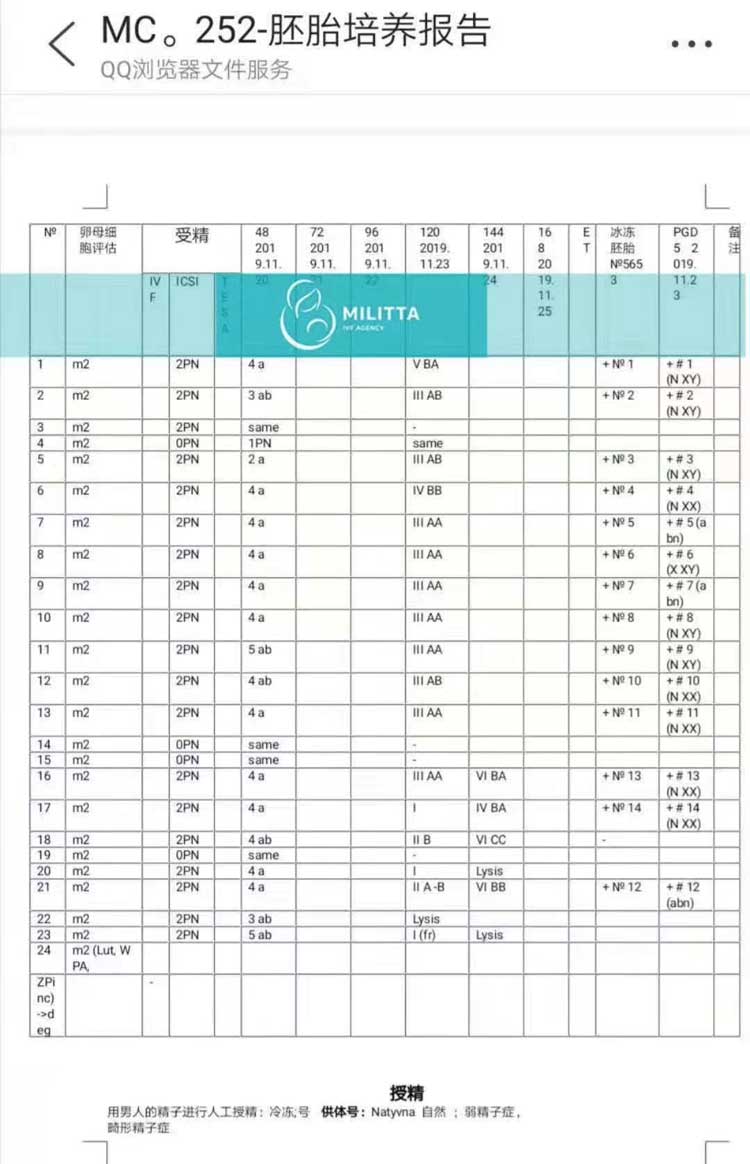 乌克兰试管胚胎的筛查报告 8男4女共12个可移植胚胎