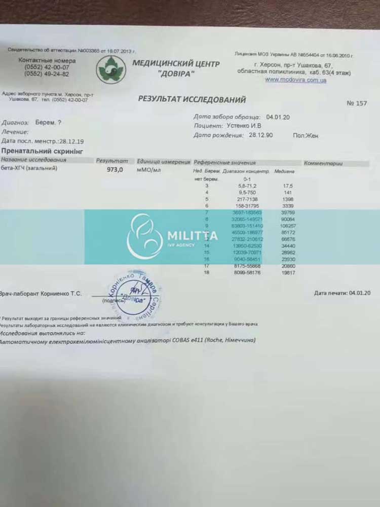 L先生的乌克兰代理孕母一次就验孕成功 HCG值为973