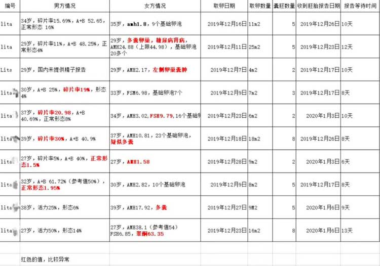 乌克兰丽塔医院前10位自卵试管客户的胚胎数据报告
