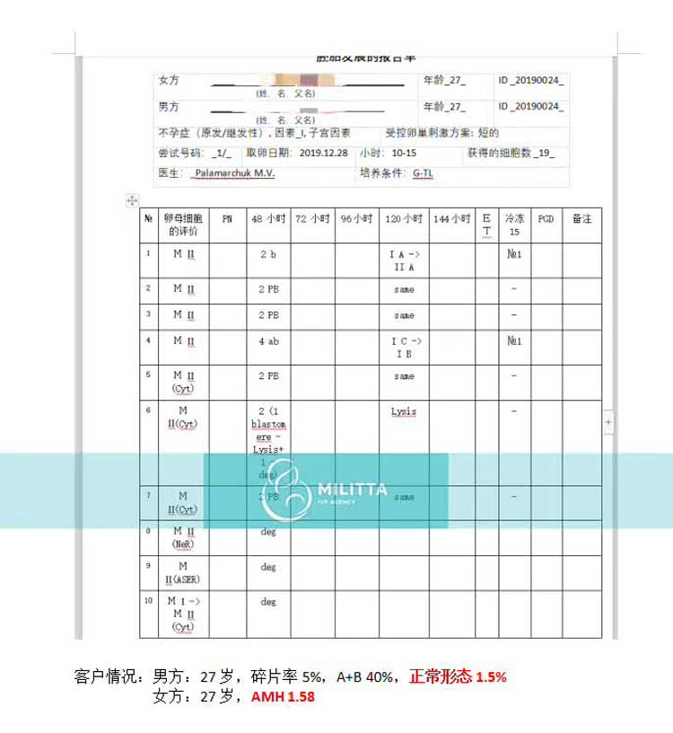 乌克兰丽塔医院自卵试管客户胚胎数据报告
