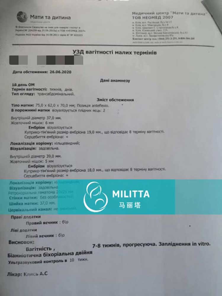 z女士的乌克兰的7~8周的B超报告显示两个男宝都有胎心