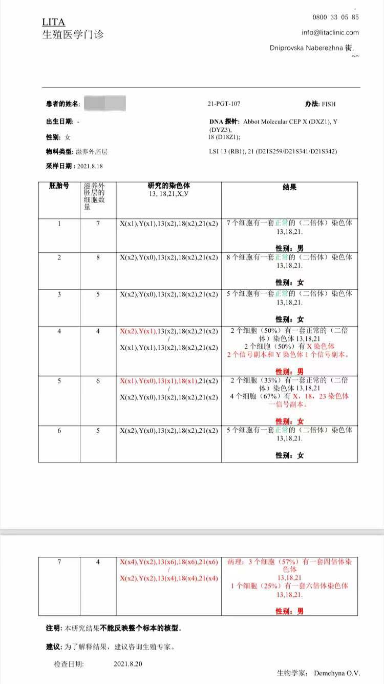 丽塔医院自卵捐卵胚胎报告