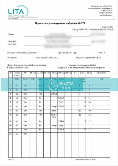 乌克兰丽塔医院的胚胎报告,取卵28个,培育囊胚22个